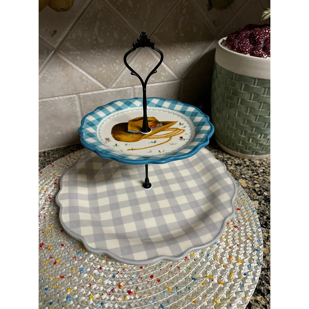 Vintage Pioneer Woman 2-Tier Tray: Cowboy Hat & Gingham Snack Server